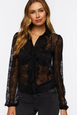 Sheer Lace Ruffle-Front Shirt