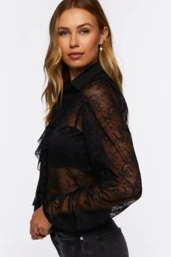 Sheer Lace Ruffle-Front Shirt