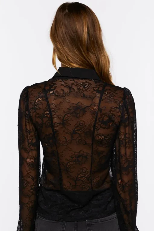 Sheer Lace Ruffle-Front Shirt