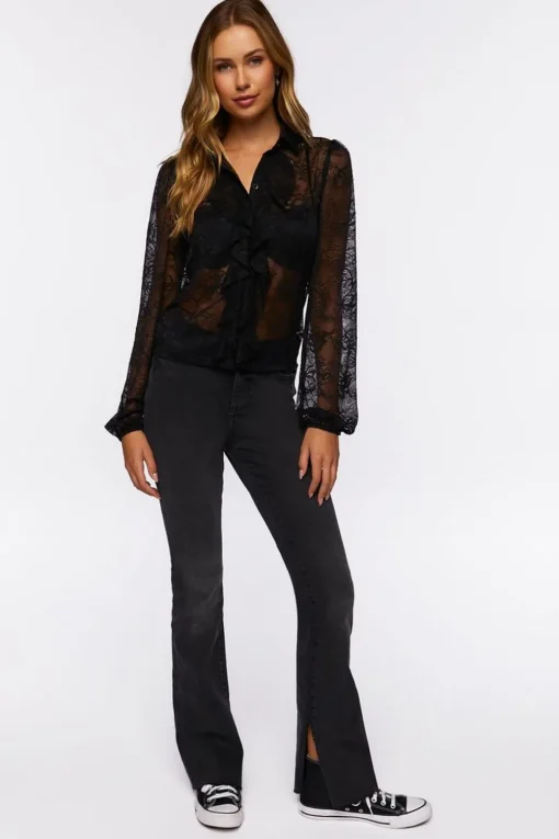 Sheer Lace Ruffle-Front Shirt