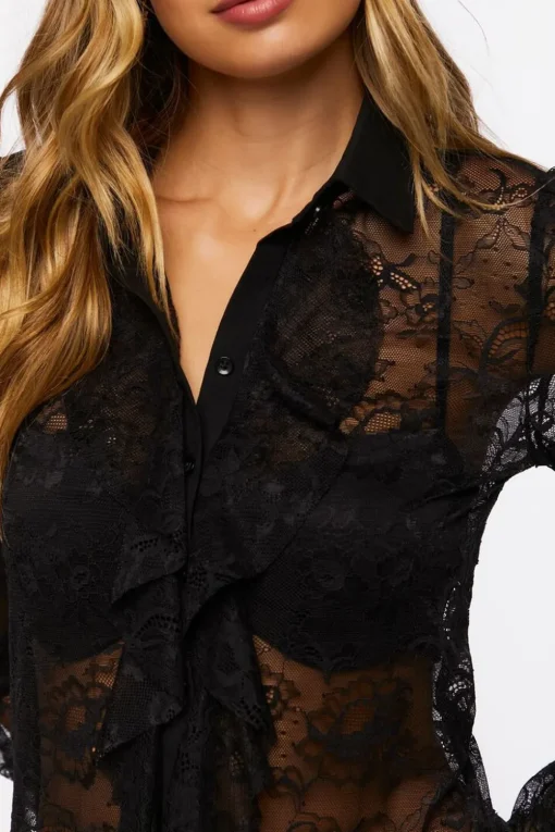 Sheer Lace Ruffle-Front Shirt