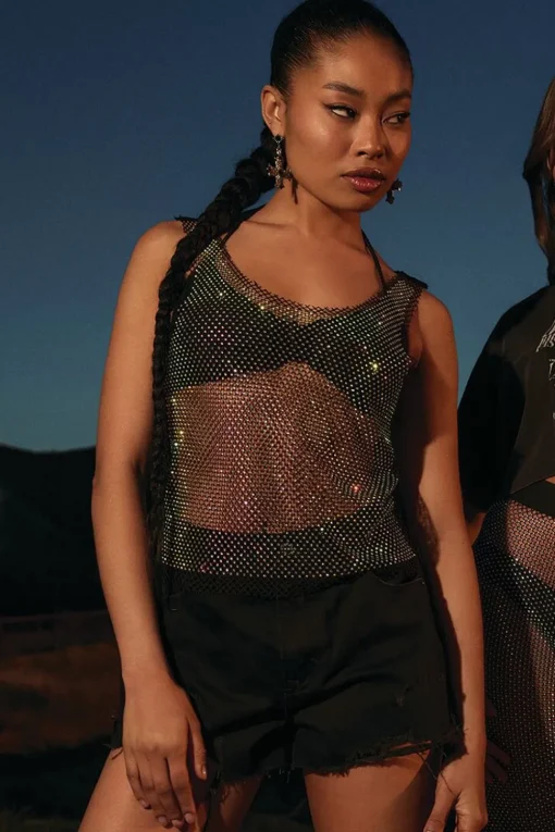 Sheer Rhinestone Netted Tank Top