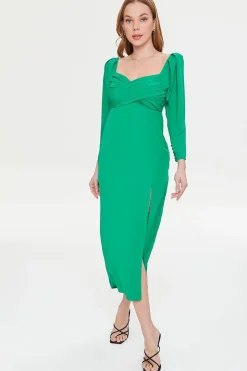 Shirred Midi Slit Dress