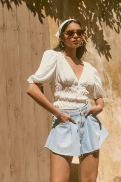 Shirred Puff-Sleeve Crop Top