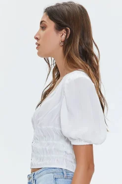 Shirred Puff-Sleeve Crop Top