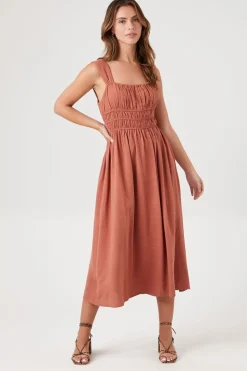 Shirred Square-Neck Midi Dress