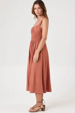 Shirred Square-Neck Midi Dress