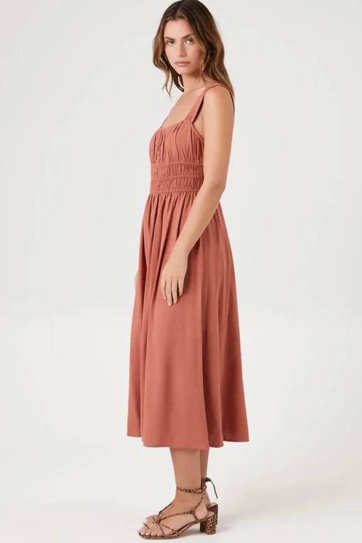Shirred Square-Neck Midi Dress