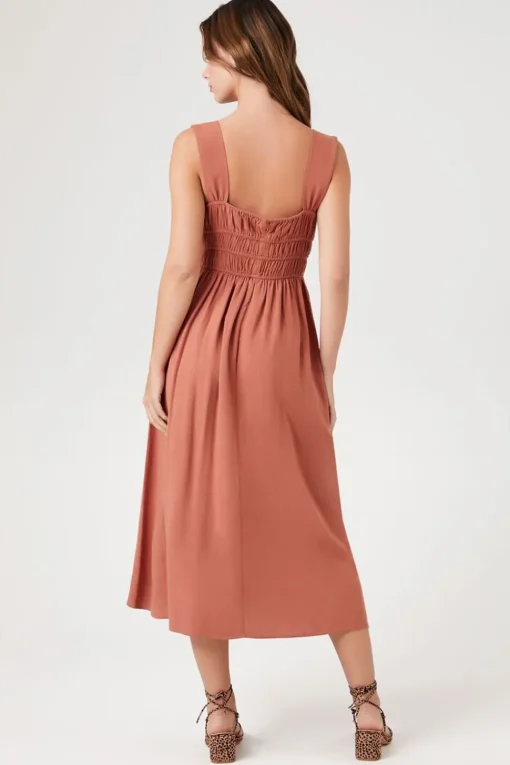 Shirred Square-Neck Midi Dress