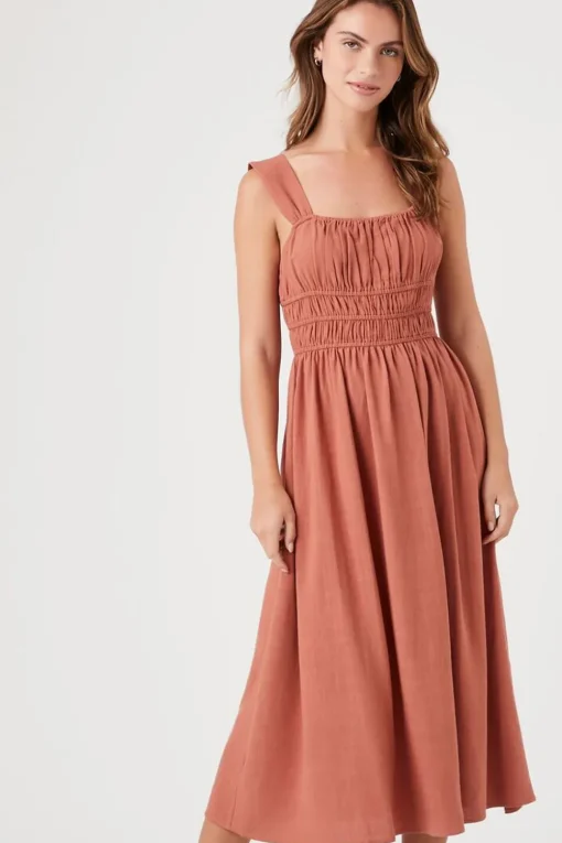 Shirred Square-Neck Midi Dress