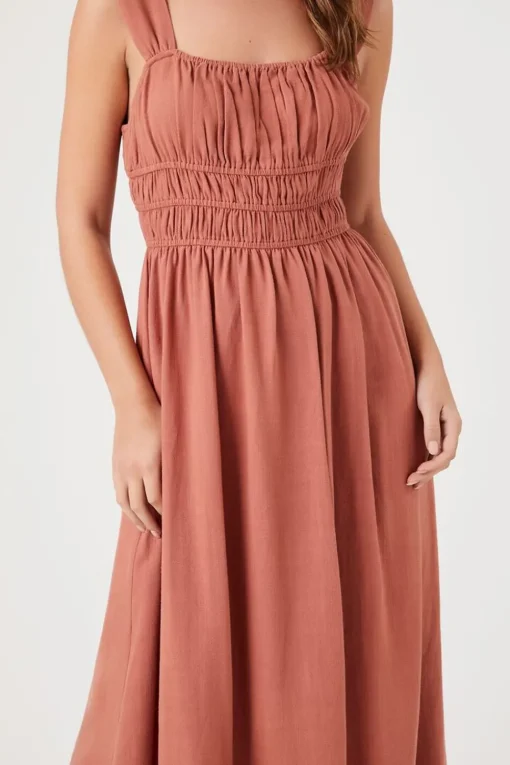 Shirred Square-Neck Midi Dress