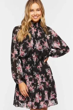 Smocked Floral Chiffon Mini Dress