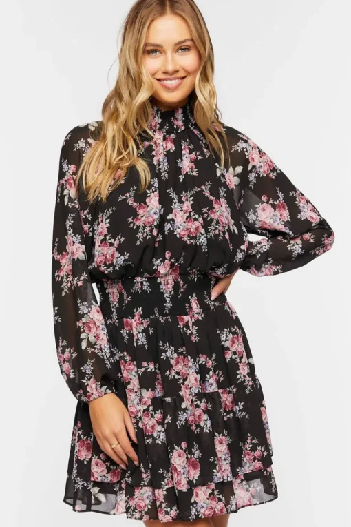 Smocked Floral Chiffon Mini Dress