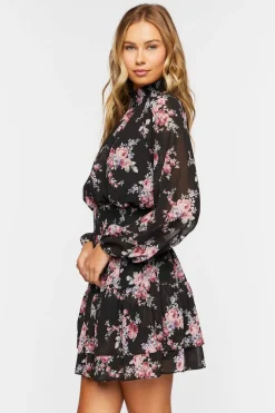 Smocked Floral Chiffon Mini Dress