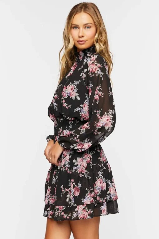 Smocked Floral Chiffon Mini Dress
