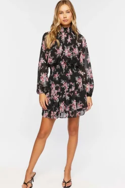 Smocked Floral Chiffon Mini Dress