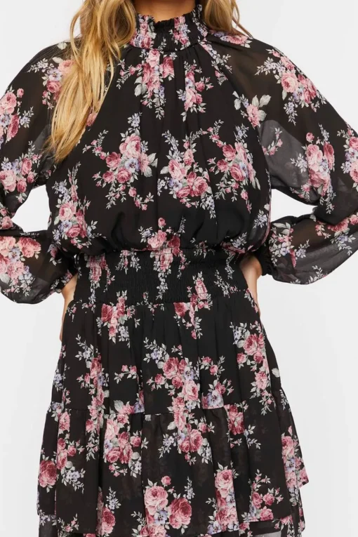 Smocked Floral Chiffon Mini Dress