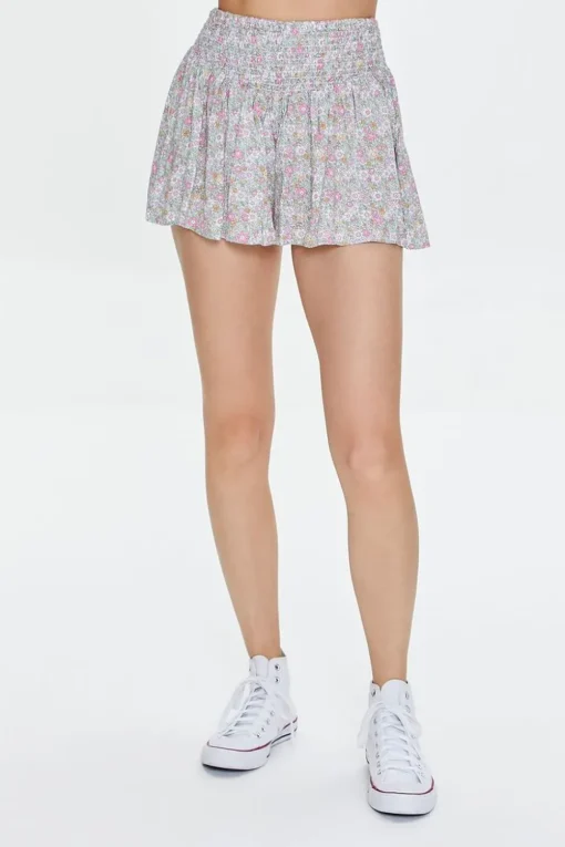 Smocked Floral Print Shorts
