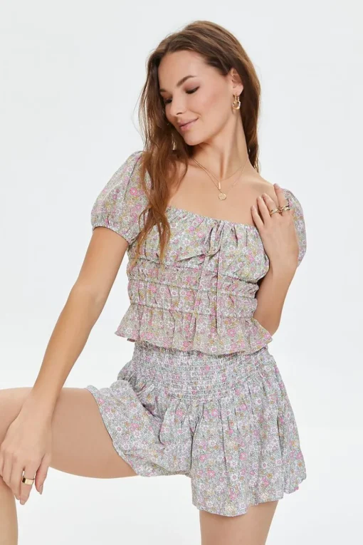 Smocked Floral Print Shorts