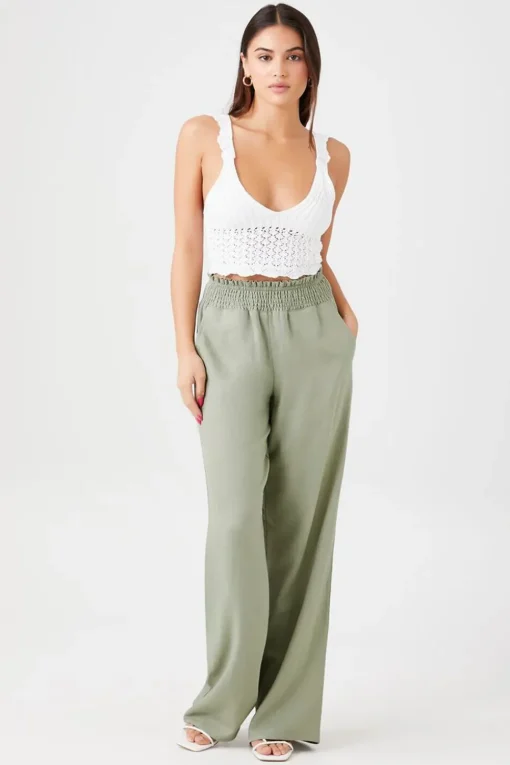 Smocked Wide-Leg Pants