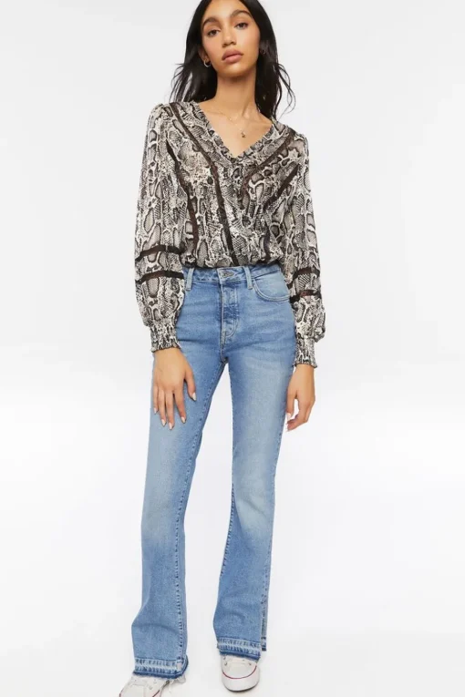 Snakeskin Peasant-Sleeve Bodysuit