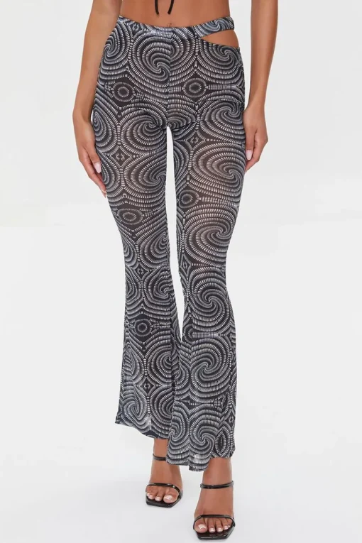 Spiral Print Mesh Flare Pants