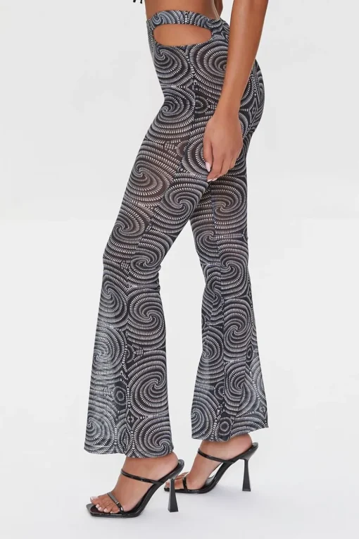 Spiral Print Mesh Flare Pants