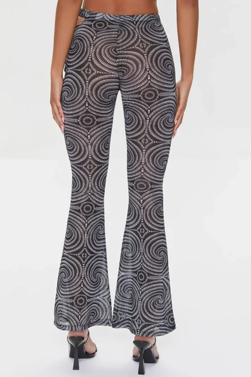 Spiral Print Mesh Flare Pants