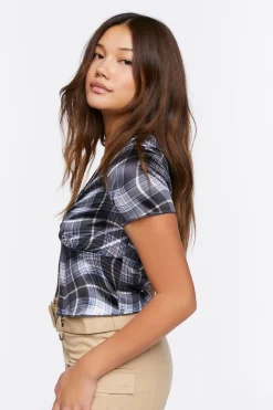 Split-Front Plaid Top