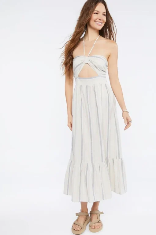 Striped Linen-Blend Midi Dress