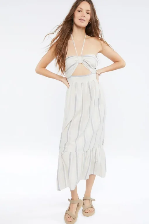 Striped Linen-Blend Midi Dress