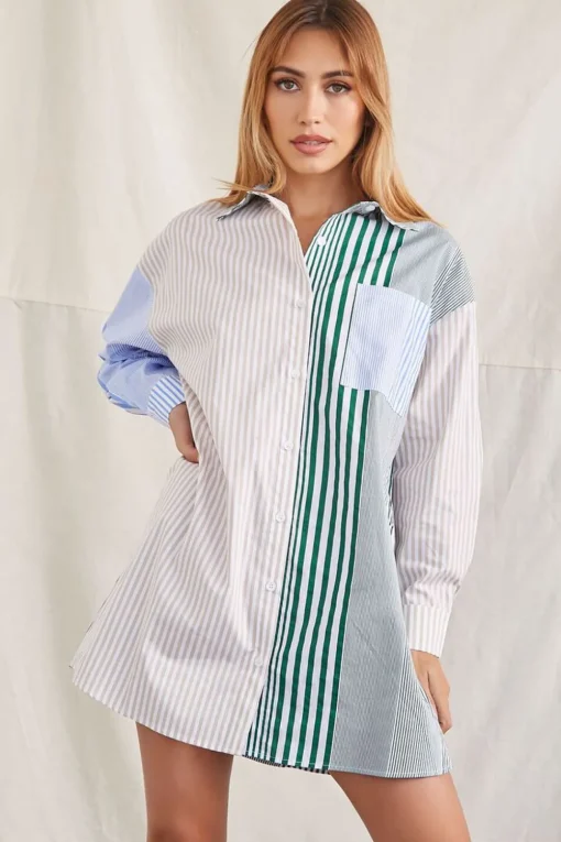 Striped Patternblock Shirt Dress