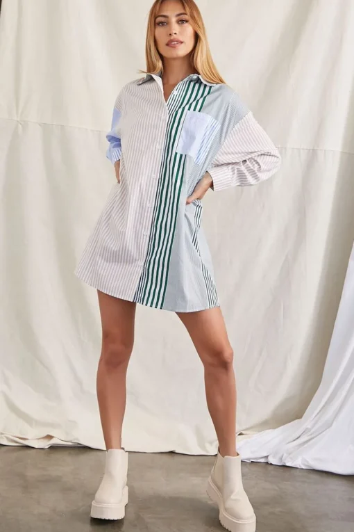 Striped Patternblock Shirt Dress