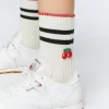 Striped-Trim Cherry Crew Socks