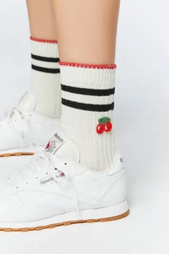 Striped-Trim Cherry Crew Socks