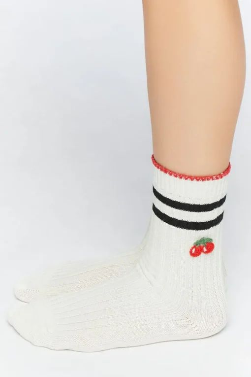 Striped-Trim Cherry Crew Socks