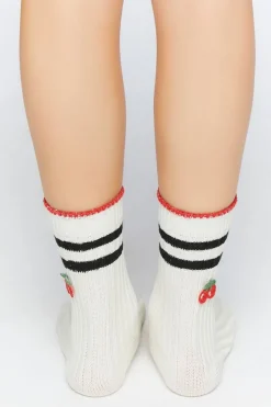 Striped-Trim Cherry Crew Socks