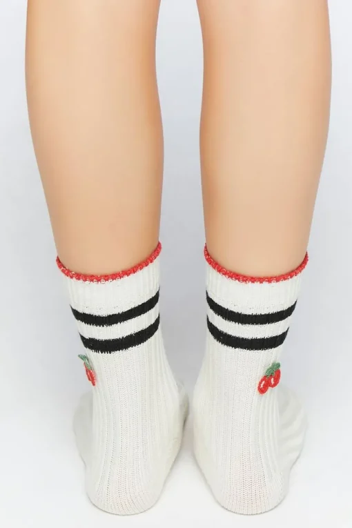 Striped-Trim Cherry Crew Socks