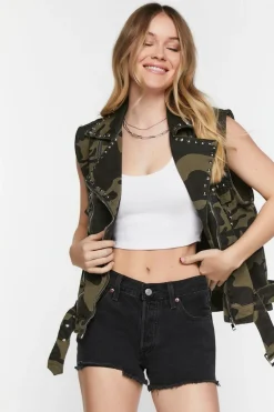 Studded Camo Denim Moto Vest