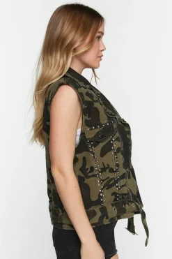 Studded Camo Denim Moto Vest