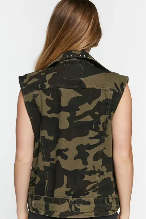 Studded Camo Denim Moto Vest