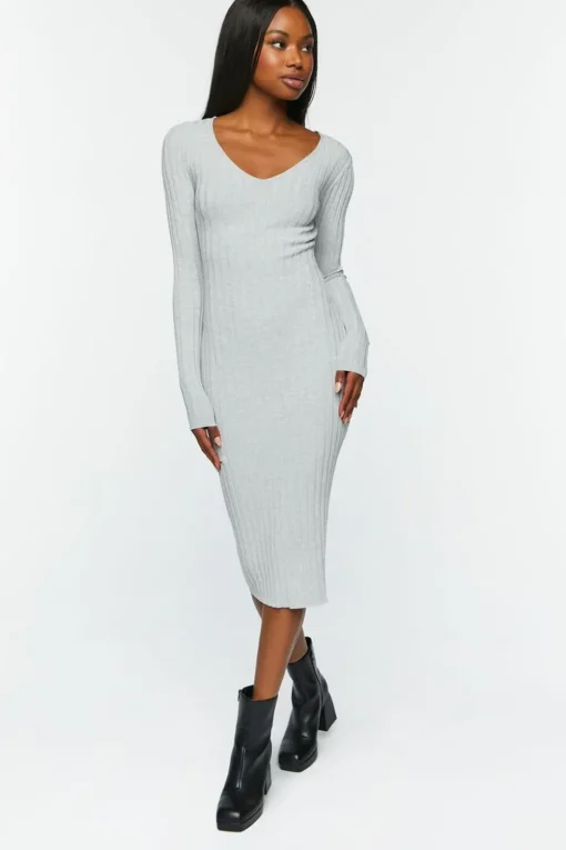 Sweater-Knit V-Neck Midi Dress