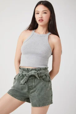 Tie-Waist Twill Paperbag Shorts