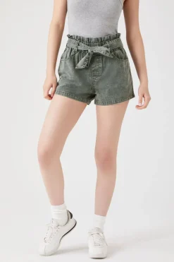 Tie-Waist Twill Paperbag Shorts