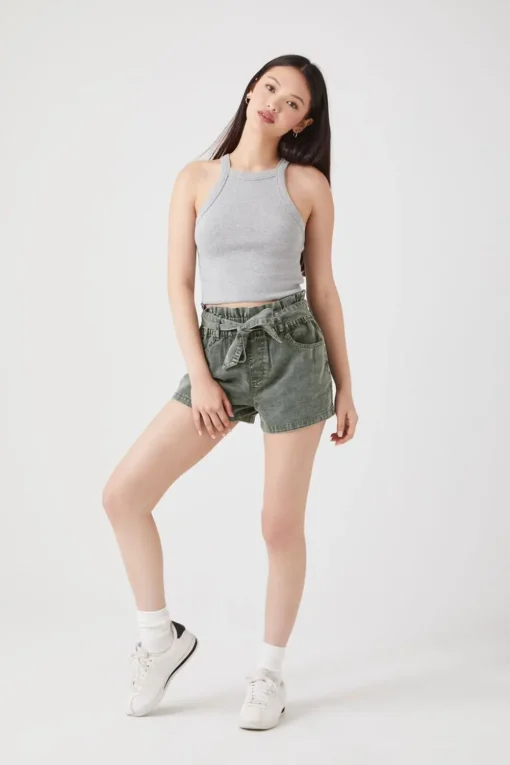 Tie-Waist Twill Paperbag Shorts