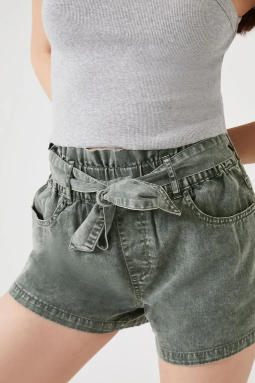 Tie-Waist Twill Paperbag Shorts