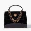 Tiger-Embellished Faux Patent Leather Satchel