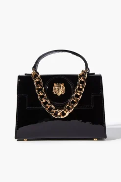 Tiger-Embellished Faux Patent Leather Satchel