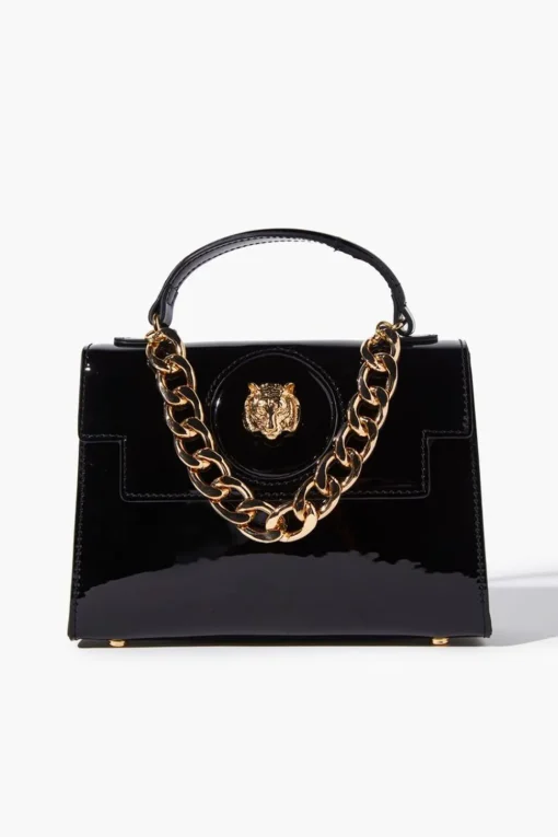 Tiger-Embellished Faux Patent Leather Satchel