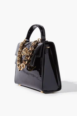 Tiger-Embellished Faux Patent Leather Satchel